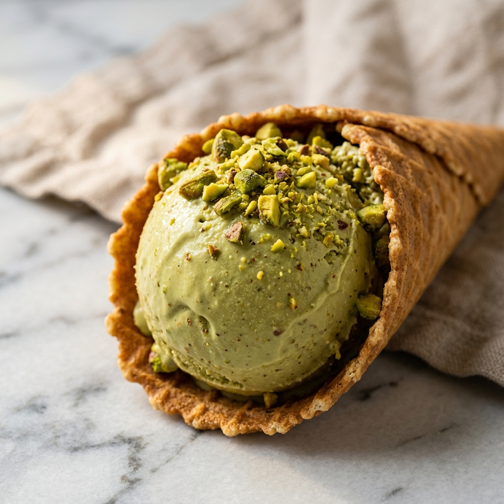 Pistachio gelato artigianale σε βαφλόκωνο — GIÓVA Gelato